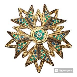 Hattie Carnegie Brooch Star Burst Flower Gold Signed Blue & Green Stones Vintage
